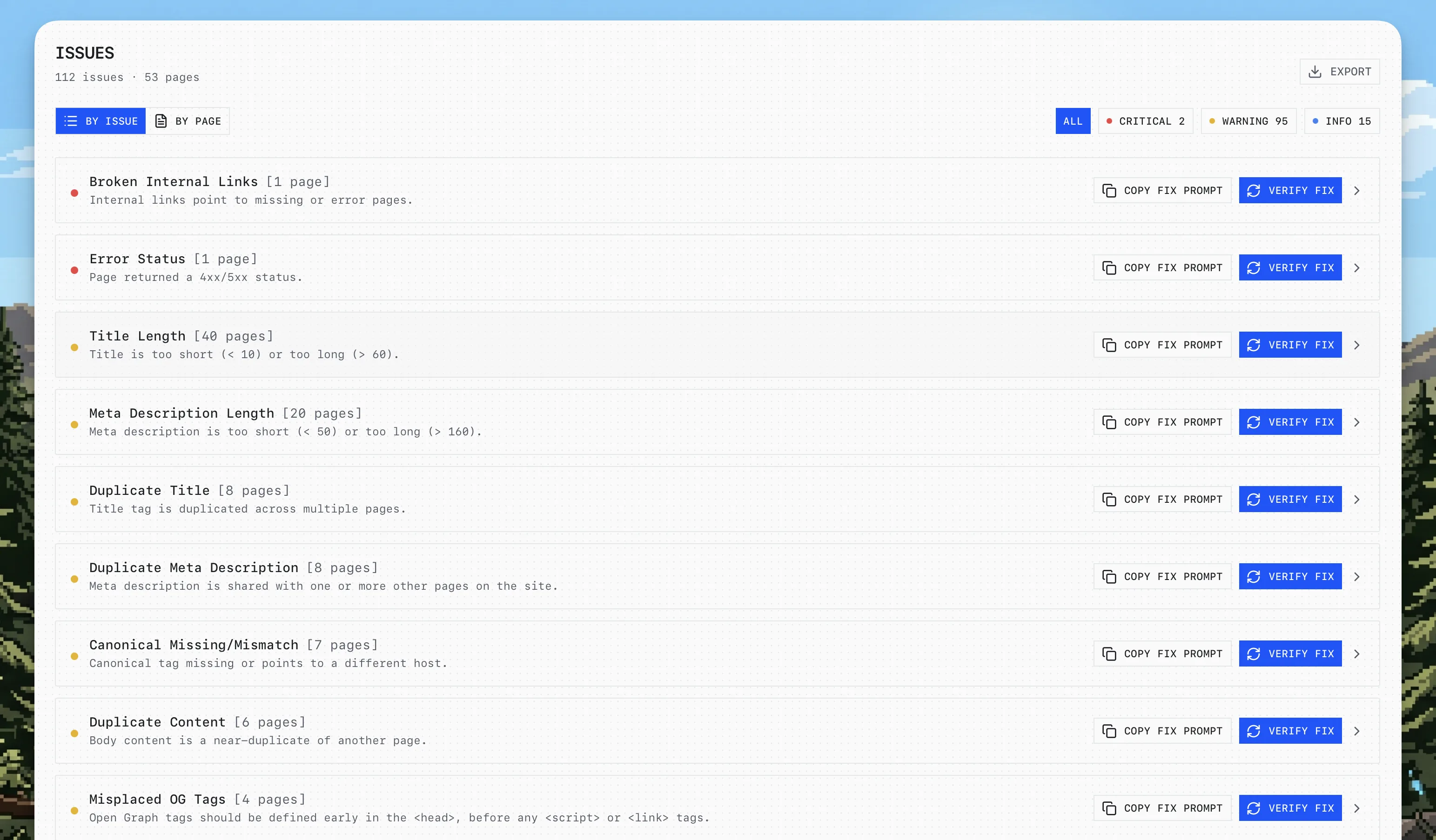 SEO audit issues list with fix prompts